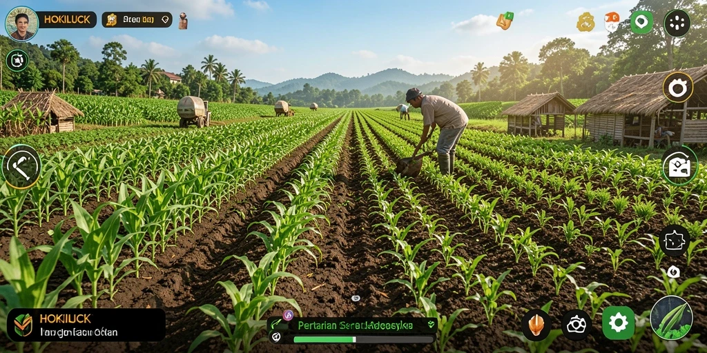 Screenshot HOKILUCK menampilkan suasana gameplay pertanian yang aktif.