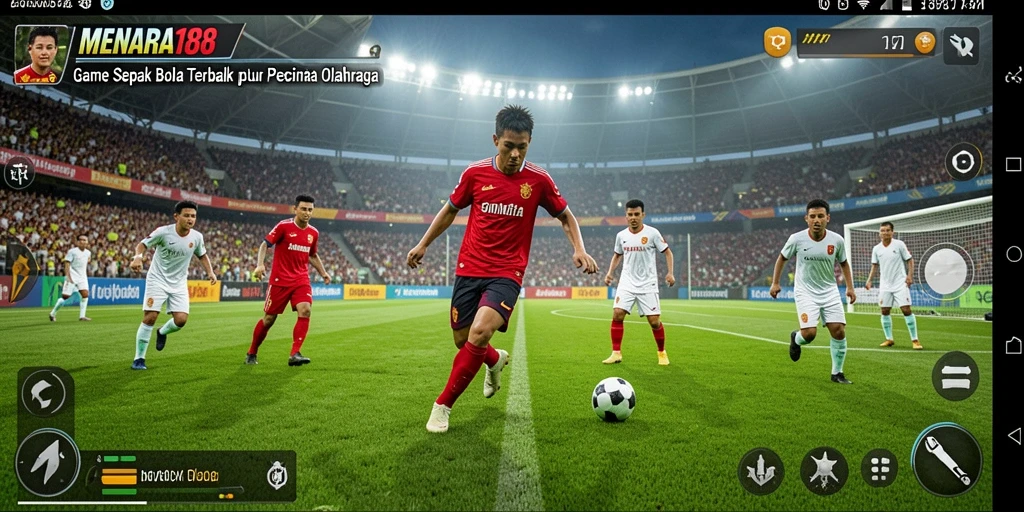 Screenshot dari gameplay MENARA188 yang menunjukkan aksi pemain sepak bola.