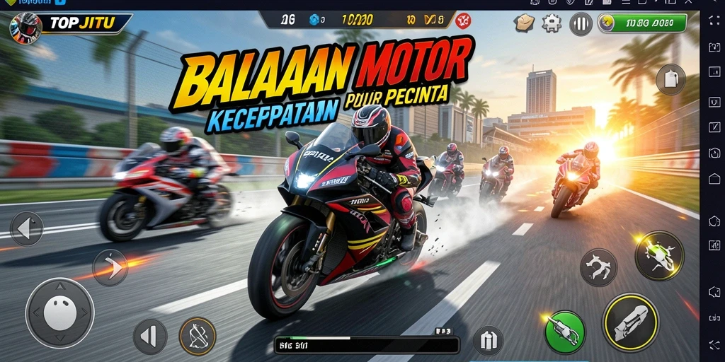 Screenshot gameplay TOPJITU menampilkan balapan motor yang mendebarkan.